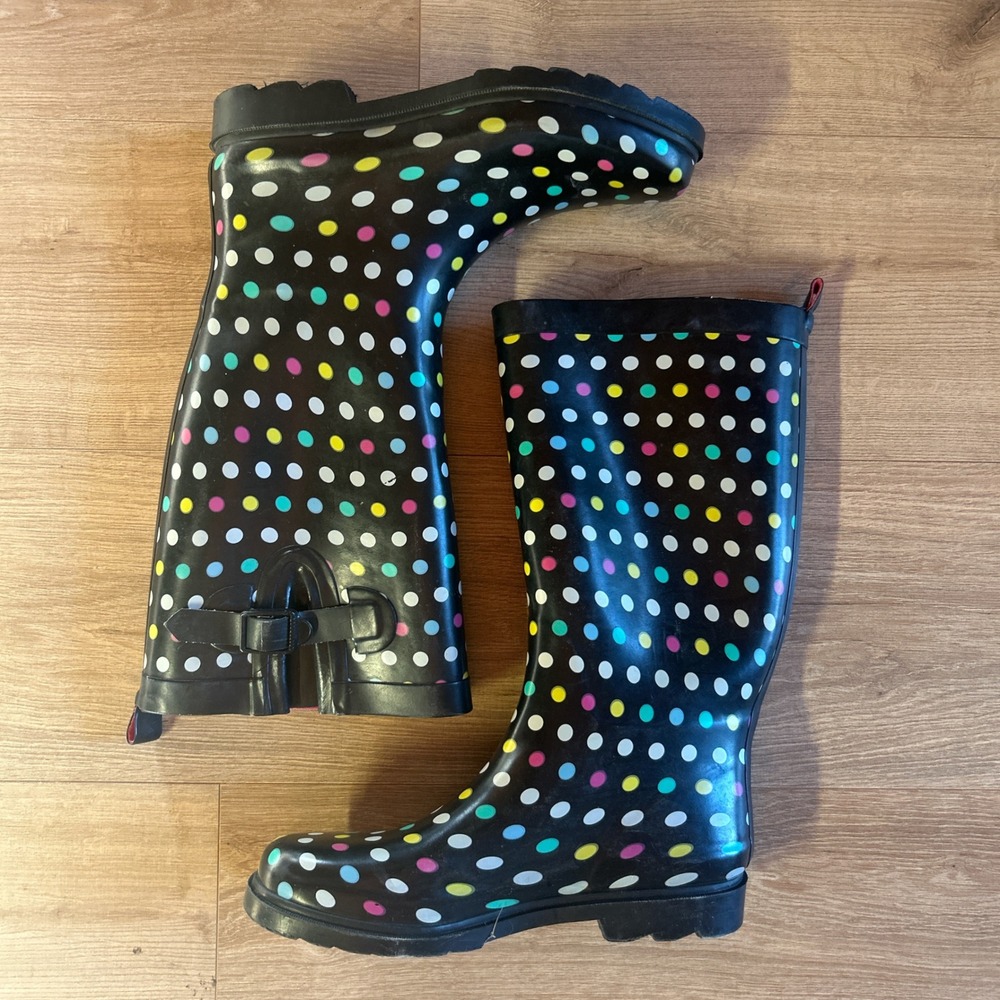 Capelli New York Womens Polka Dot Rain Boots Black Multi Color Size 9 Waterproof